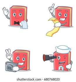 Set of red book character with waiter menu photo binocular