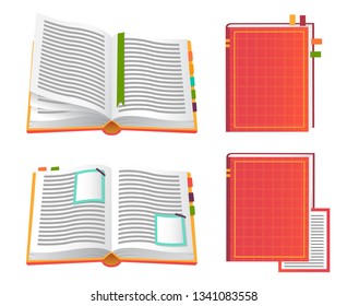 Set of red books icons. Open diary. Book with notes.