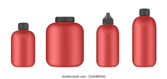 Set of red bottles. Sports nutrition containers packages, fitness protein. Bodybuilding sport food. Jars with supplements for muscle growth. Realistic vector sport nutrition containers without label.