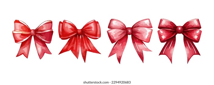 Set of red bow watercolor isolated on white background. Gift decor bow ribbon collection. Vector illustration