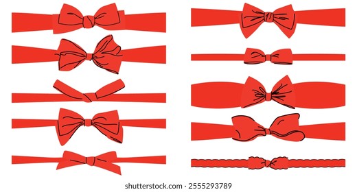 Set of red bowknots with ribbon. Collection of holiday decorative elements.