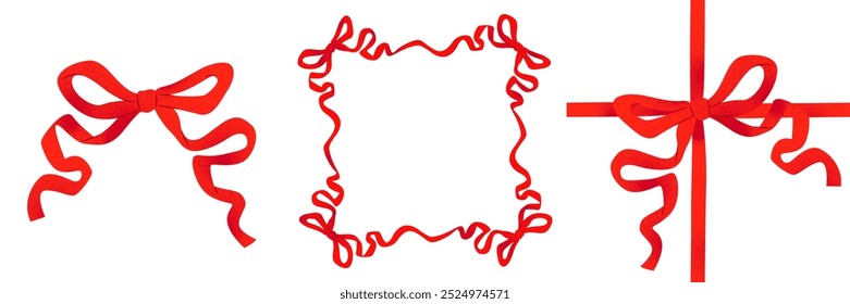 Set of red bows. Bright red bow and satin ribbon frame on a white background. Vector print. Trendy illustration for t-shirts, clothing and jewelry.