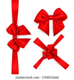 a set of red bows for decorating greeting cards, gifts or promotions. Vector isolated silk or satin ribbons, on a white or transparent background. Use it as a clipart