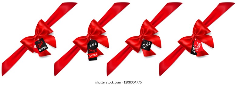 Set of red bows with diagonally ribbons, shadows and sale labels and tags on white background