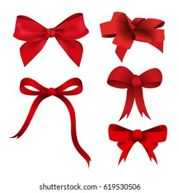 A set of red bows, for gifts and decoration of holiday brochures, advertising banners. Vector illustration.