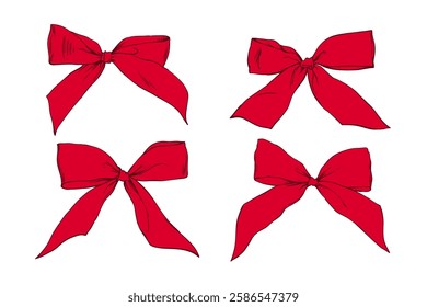Set of red bows holiday sketch vector illustration on white background.