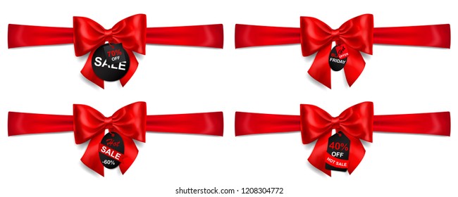 Set of red bows with horizontal ribbons, shadows and sale labels and tags on white background