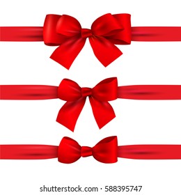 Set of Red bows with horizontal ribbons isolated on white. Design elements for decoration gifts, greetings, holidays. Vector illustration