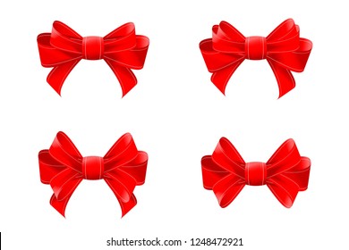 Set of Red Bows Isolated on White Background. Colorful Ribbons for Holiday. Vector. 3D Illustration