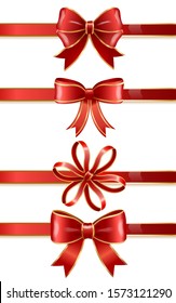 Set of red bows made from ribbons isolated on white background. Sample of knots for decoration gift boxes for holiday. Wrapping packages for party celebration. Vector gift bow illustration