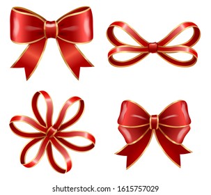 Set of red bows made from ribbons isolated on white background. Sample of knots for decoration gift boxes for holiday. Wrapping packages for party celebration. Vector gift bow illustration