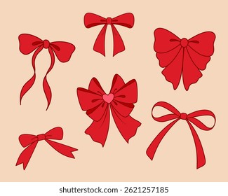 Set of red bows. Ribbon collection.