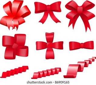 Set of red bows and ribbons for decoration and design