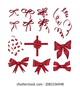 Set of red bows, ribbons and festive tinsel.