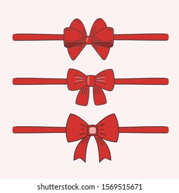 Set of red bows with ribbons. Vector flat illustration. Holiday design. Clipart drawing