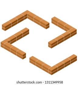 Set of red brick barriers on different sides. The angle of the wall and the fence. Construction of buildings. Material for home repair.