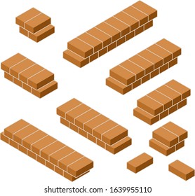 Set of red brick fence in isometric view. Low barrier and fence. Material for renovation of house and curb of road. Construction of buildings