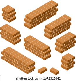 Set of red brick fence in isometric view. Low barrier and fence. Material for renovation of house and curb of road. Construction of buildings