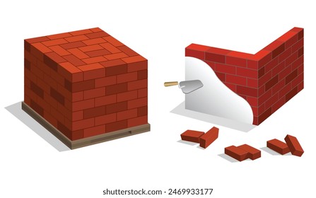 Set of red brick pieces, 3D isometric red brick wall isolated. Eps Vector