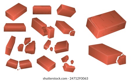 Set of red brick pieces, 3D isometric red brick wall isolated. Eps Vector