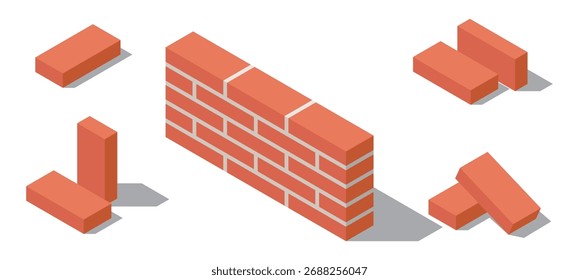 Conjunto de ladrillo rojo y pared de ladrillo. Ilustración isométrica 3D. Vector aislado para Anuncio, póster, presentación, infografía, Web, App y otros usos.