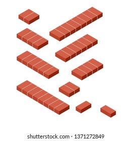 Set of red bricks under different side in isometry. Material for repair and construction of the building. Curb and tiles for the road. Rectangular and square platform.