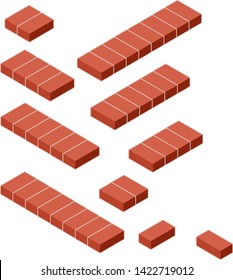 Set of red bricks under different side in isometry. Curb and tiles for the road. Rectangular and square platform. Material for repair and construction of the building