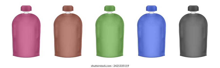 Set of red, brown, green, blue and black spouted pouches. Fruit puree in a doy pack. Juice in a plastic bag. Flexible doypack with cap. Baby food pack	