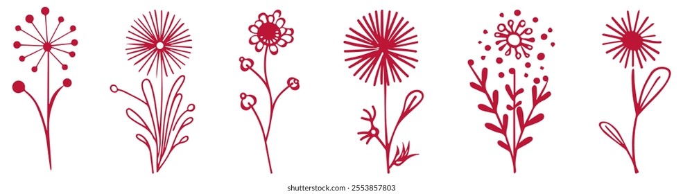 Set of red brush flowers. Hand drawn vector botanical illustrations
