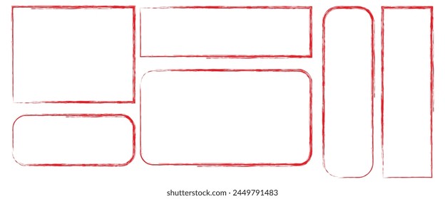 set of red brush painted ink stamp frames with place for your design element. Ectangle background with a red frame. Painted by hand with a rough brush. Sketch, ink, grunge.