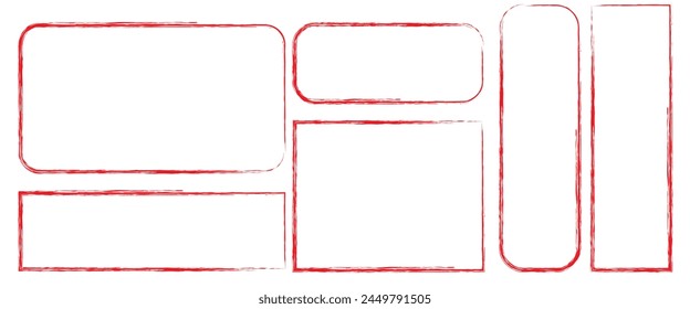 set of red brush painted ink stamp frames with place for your design element. Ectangle background with a red frame. Painted by hand with a rough brush. Sketch, ink, grunge.