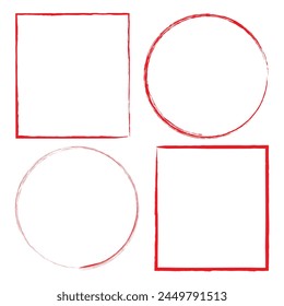 set of red brush painted ink stamp frames with place for your design element. Ectangle background with a red frame. Painted by hand with a rough brush. Sketch, ink, grunge.
