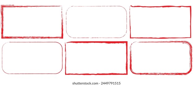 set of red brush painted ink stamp frames with place for your design element. Ectangle background with a red frame. Painted by hand with a rough brush. Sketch, ink, grunge.