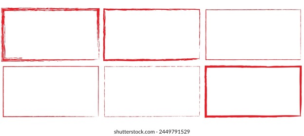 set of red brush painted ink stamp frames with place for your design element. Ectangle background with a red frame. Painted by hand with a rough brush. Sketch, ink, grunge.