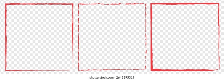 Set of red brush painted ink stamp frames with place for your design element. red brush painted ink stamp heart frame on transparent background. Eps 10. 