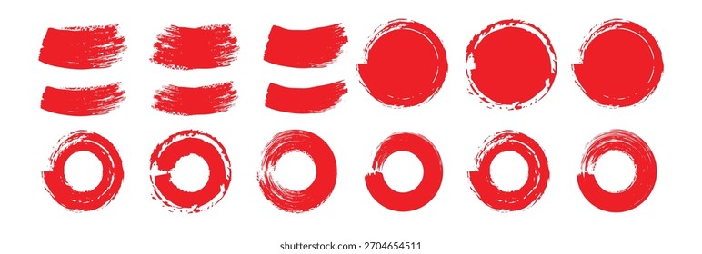 Set of Red brush stroke circles, Line. Red Grunge brush circle frames set. Paint, ink brush, brush strokes, brushes, lines, frames, box, grungy. Grungy brushes collection.	