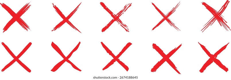 Conjunto de marcas de trazo de pincel rojo X aisladas sobre fondo blanco. Grunge dibujado a mano signos cruzados para símbolos, rechazo o indicación de error. Colección de iconos artísticos de trazo de pintura en negrita.