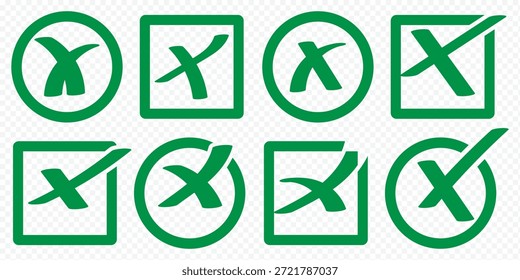 Conjunto de marcas de trazo de pincel rojo X, símbolo cruzado, cancelar, incorrecto, incorrecto, declinar, error, icono de error. Marcas de verificación y cruces en cuadrados y círculos Cruz roja y símbolos de marca de verificación verde estilo grunge