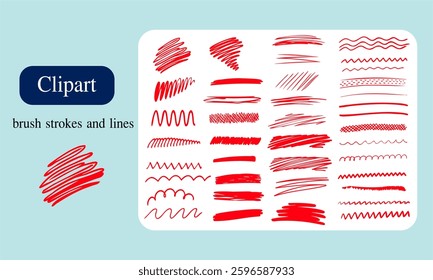 Set of  red brush strokes and lines on white background for design and decoration.
