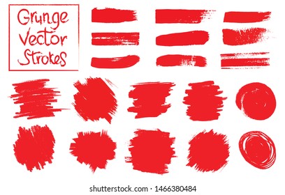 Set of red brush strokes, stains and circles. Set of grunge elements. Vector illustration.
