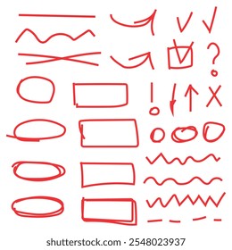  Set of red brush strokes, underlines, notes, circles, arrows.Vector illustration on isolated white background
