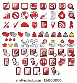 Set Red Business, Computer Signs, Symbols. Sketch-Style Icon. Symbol. Sign. Stock Vector Illustration. Transparent. White Isolated.