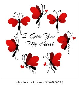 Set of red butterflies in various poses holding little hearts in arms. Wings of insects drawn in the shape of hearts. Good for decoration for Wedding, Valentine's Day