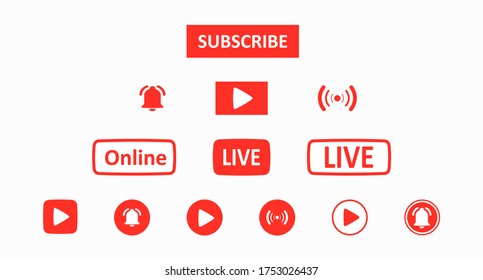 A set of red buttons for the design of a video blog, stream, news feed, online channel. Concept of internet communities and video content. Flat icons. Vector illustration 