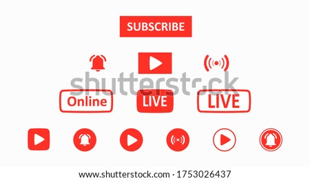 A set of red buttons for the design of a video blog, stream, news feed, online channel. Concept of internet communities and video content. Flat icons. Vector illustration 