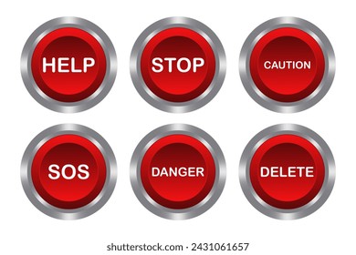 Set of red buttons with metal base. Help, Stop, Caution, SOS, Danger, Delete. Distress, first aid, warning, shutdown, switch off, remove. Push, press, control, manipulation, key, knob. Vector