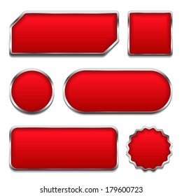 Set of red buttons with metallic frames, vector eps10 illustration