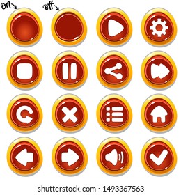 Set of red buttons in off and on positions with different signs. Big collection of push buttons for web or application design, game development. 
