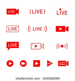 Set of red buttons and symbols live streaming icons, different styles. Design element for decoration TV, video, and live performances. Vector illustration.