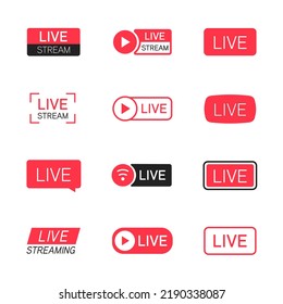Set of red buttons and symbols live streaming icons isolated on white background. Vector illustration.
